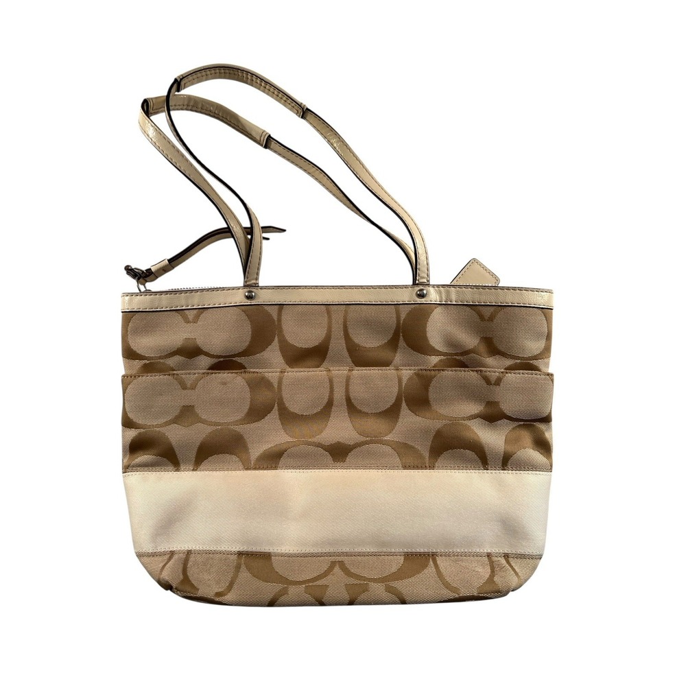 COACH Signature Stripe Canvas Shoulder Bag Purse Handbag‎ Creme Ivory Tan F19046 - Picture 2 of 10
